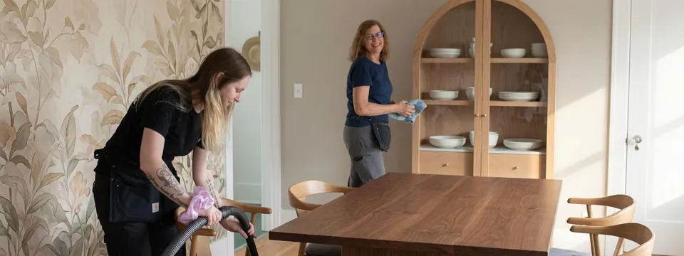 Altitude Cleaning Crew cleaners dusting a dining area in a Reno home.
