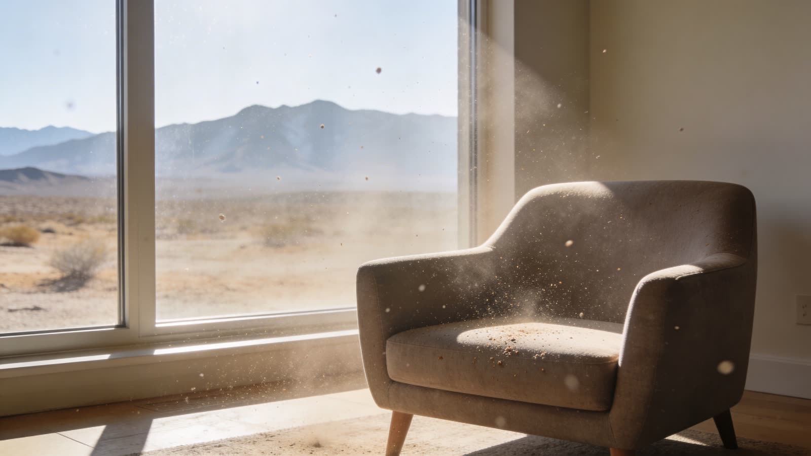 A dusty armchair sits near a large window in a room with a desert landscape view.