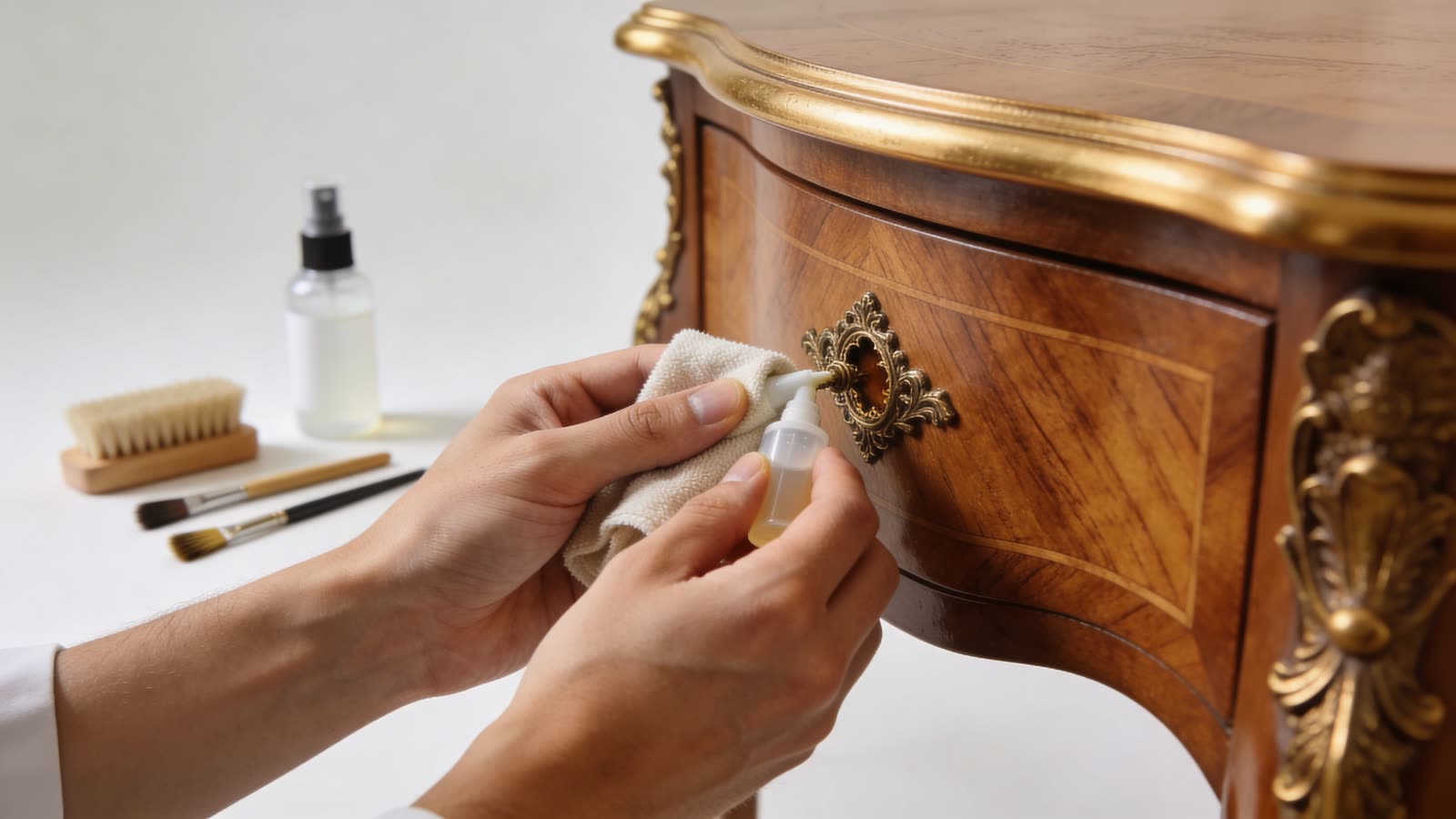 A person applying cleaning solution to the antique drawer lock of a vintage wooden furniture piece.