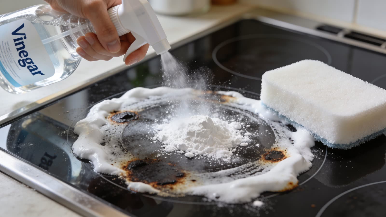 A hand spraying vinegar onto baking soda on a dirty glass top stove for cleaning.