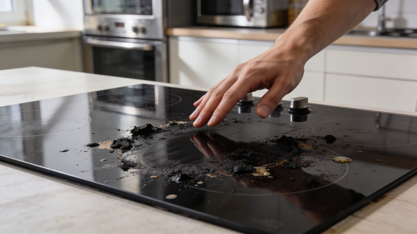 A person's hand reaching towards a dirty, burnt glass top stove in a modern kitchen setting.