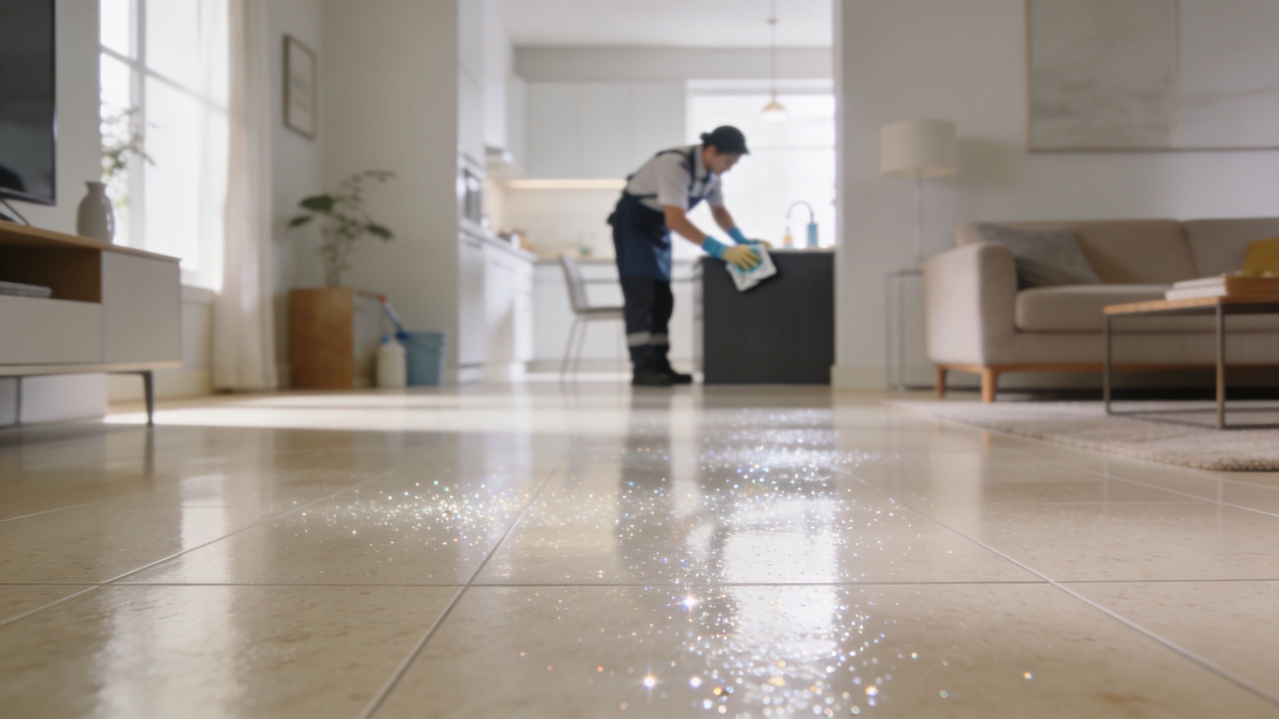 A professional cleaner in uniform wiping the kitchen counter while standing in a clean, brightly lit home.