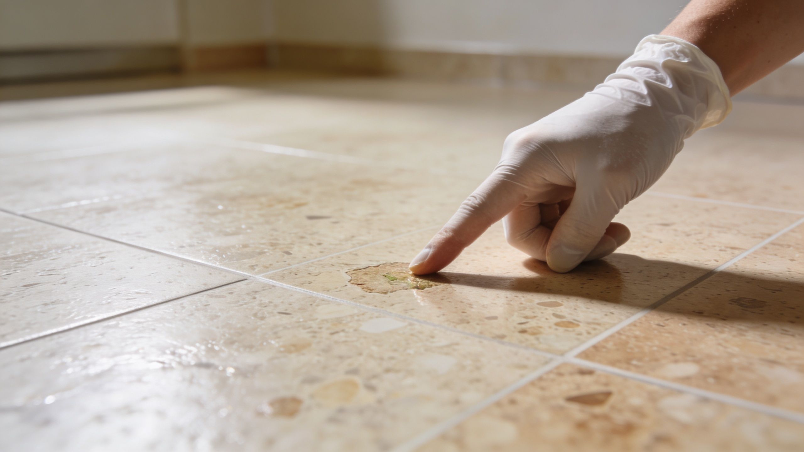 A person wearing a latex glove points to a stained or damaged spot on a linoleum floor.
