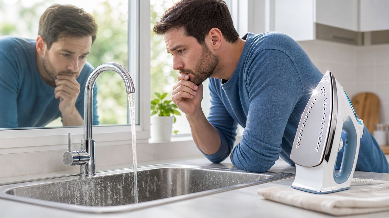 A man looking thoughtfully at a steam iron beside a kitchen sink while reflecting in a window.