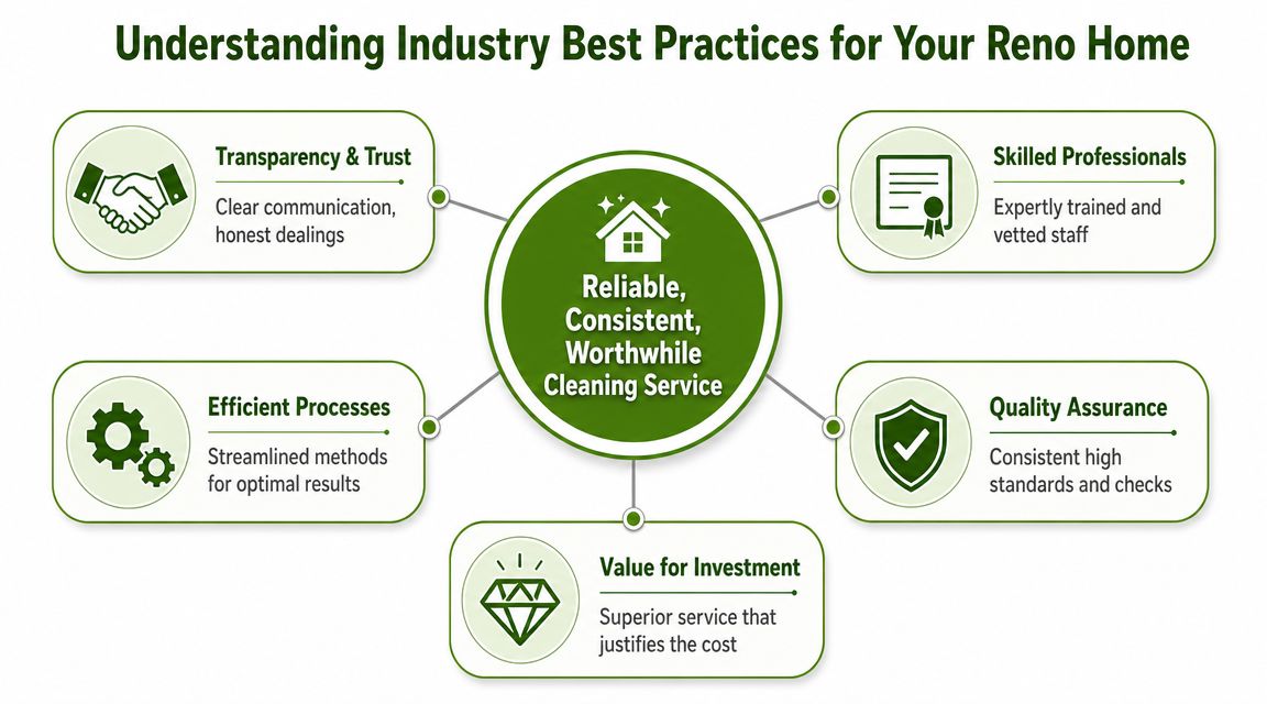 An infographic showing the five industry best practices for a reliable and high quality home cleaning service.