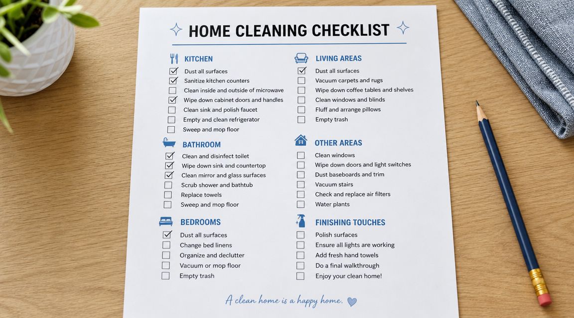 A printed home cleaning checklist with checkmarks, resting on a wooden desk next to a pencil.