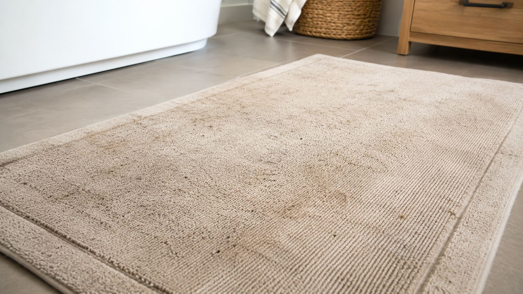 A beige bath mat lying on a clean bathroom floor next to a white bathtub.