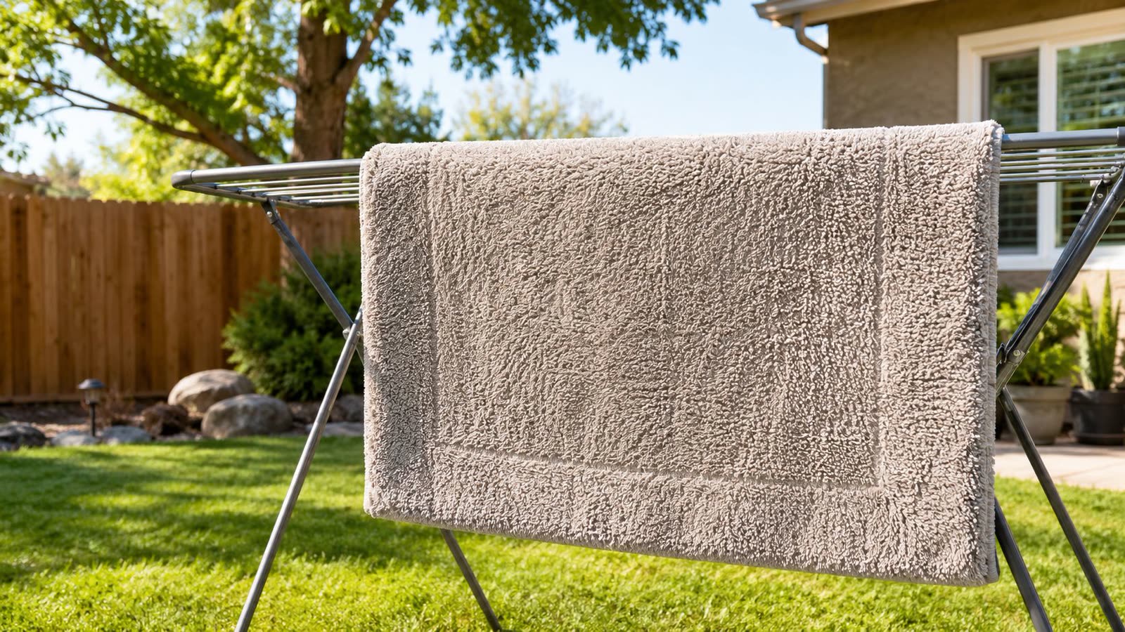 A beige bath mat drying on a portable laundry rack outdoors in a sunny backyard.